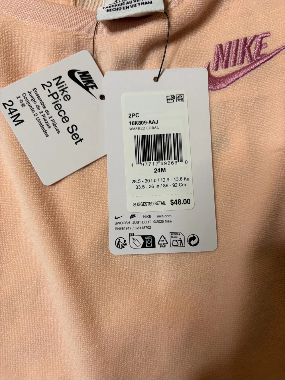 Nike Peach Terry 2-Piece Set with Pink Embroidered Logo - Picture 2 of 3